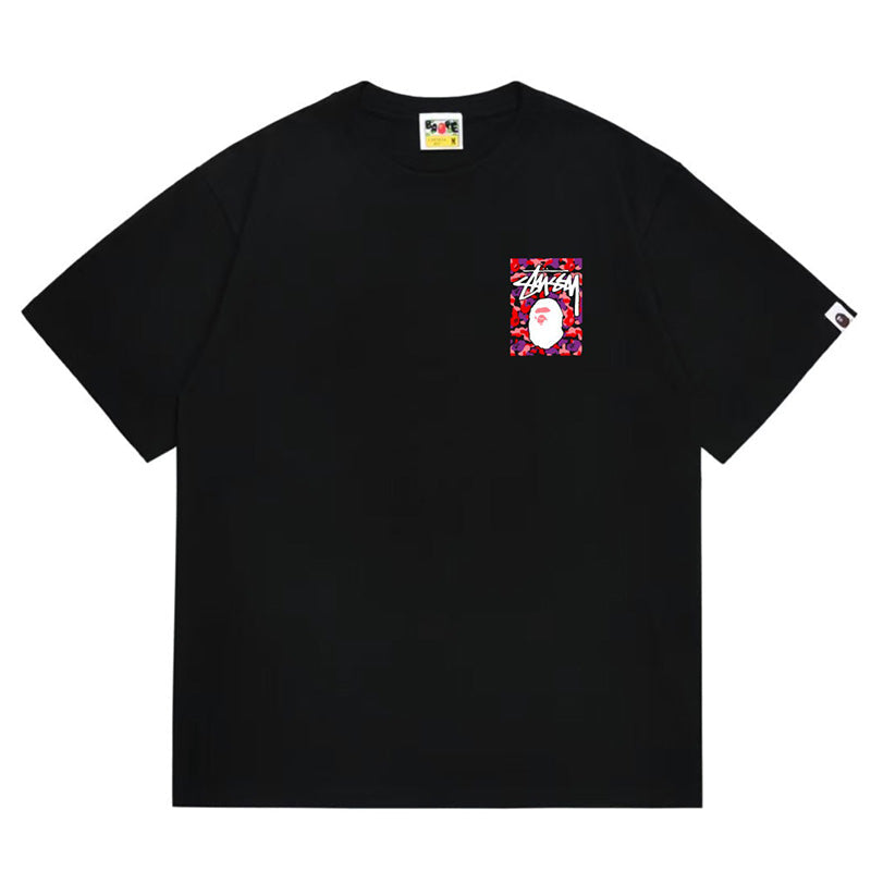 BAPE x Stussy Red Camo Back Print Men's T-Shirt - Black