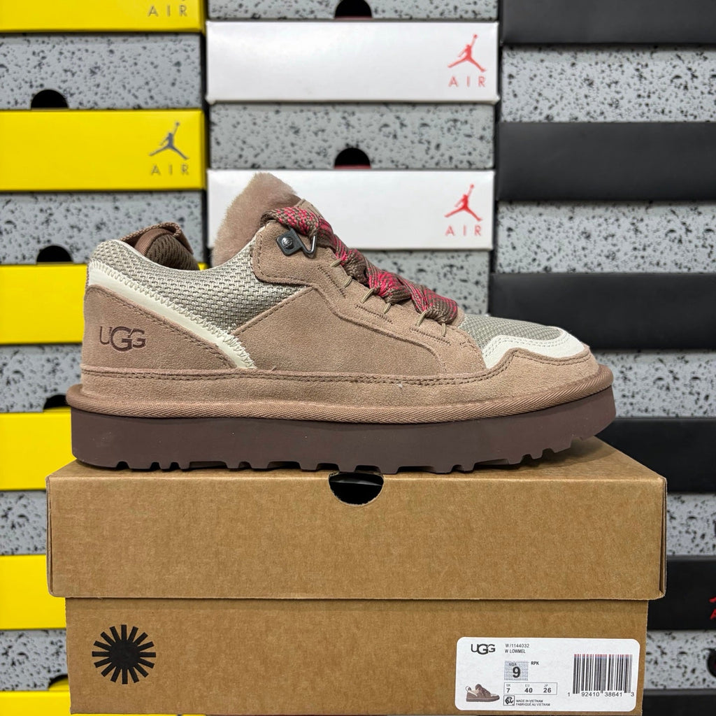 UGG Lowmel Lace-Up Sneaker – Suede & Mesh Low-Top Trainer with Shearling Lining & Bold Red Woven Laces in Sand