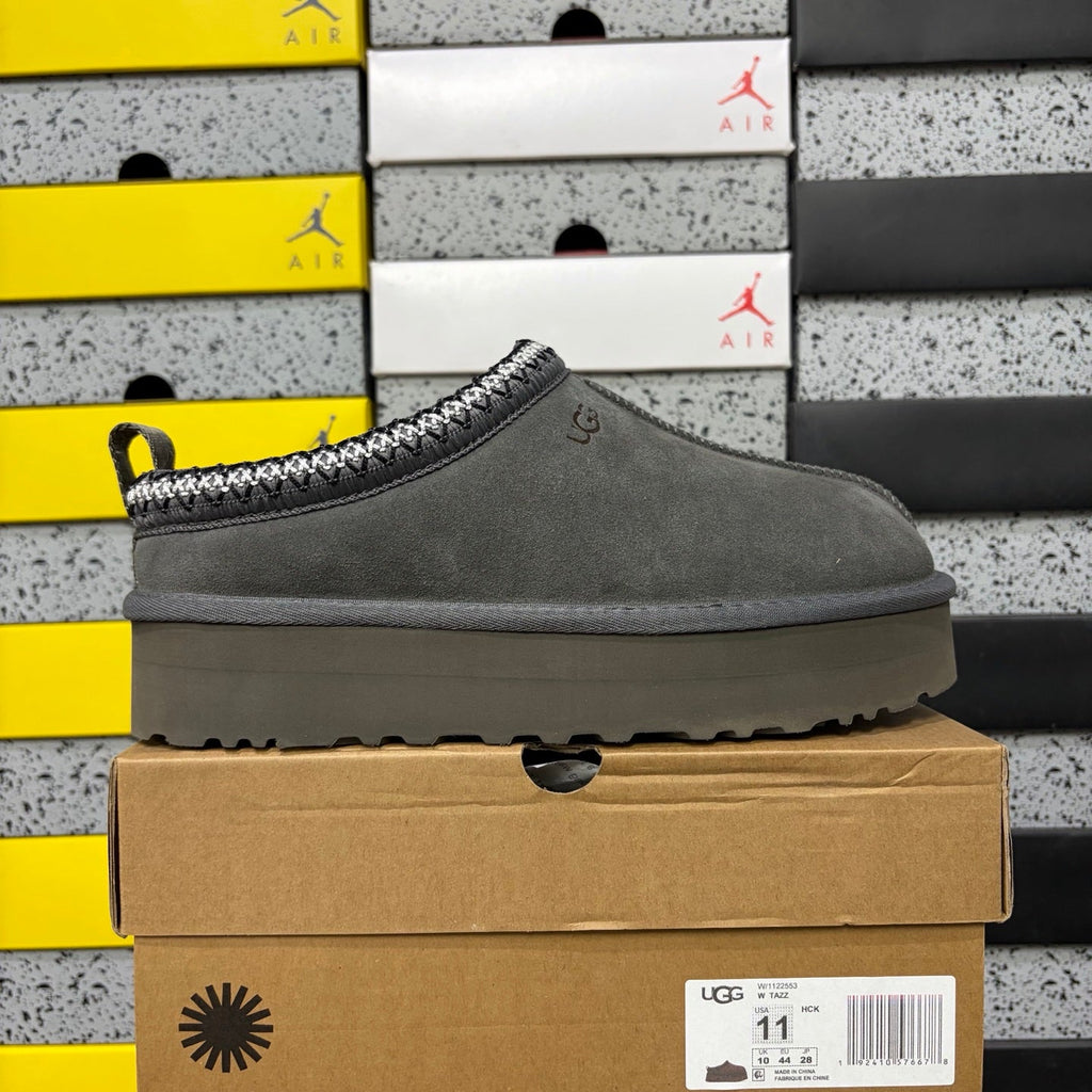 UGG Tazz Platform Slipper – Suede Mule with Shearling Lining, Tonal Grey Braided Collar Trim & Chunky Monochromatic Platform Sole in Grey