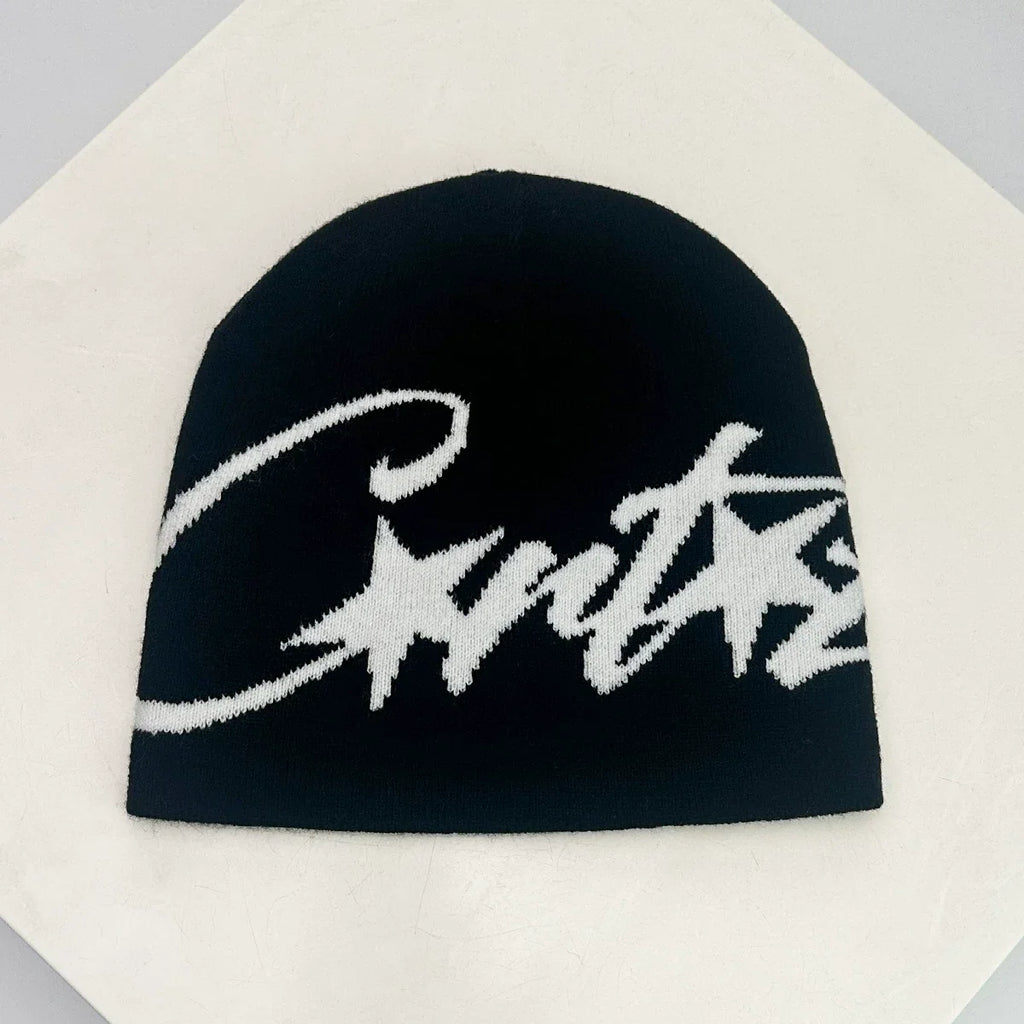 Corteiz Oversized Script Knit Beanie – Black / Grey / Curry