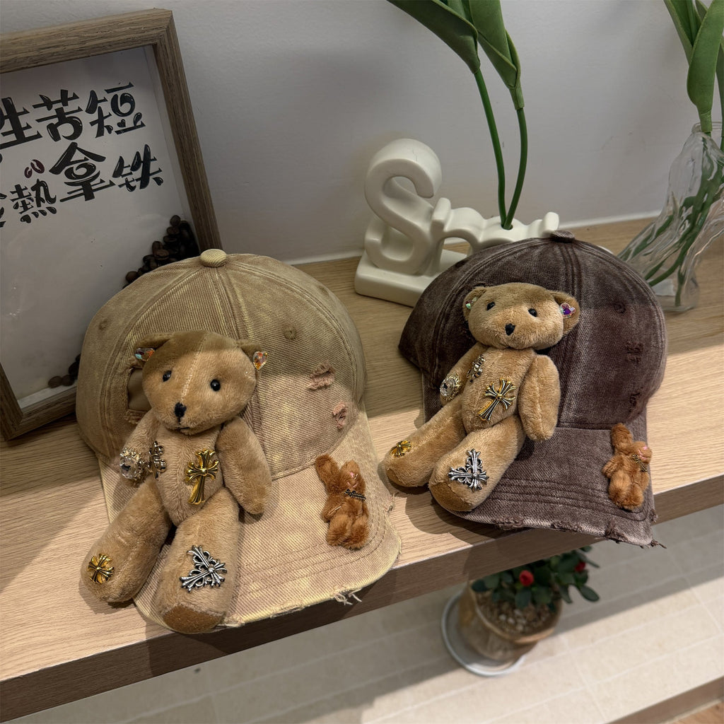 Vintage Washed Plush Bear Cross Rhinestone Baseball Cap Y2K Streetwear