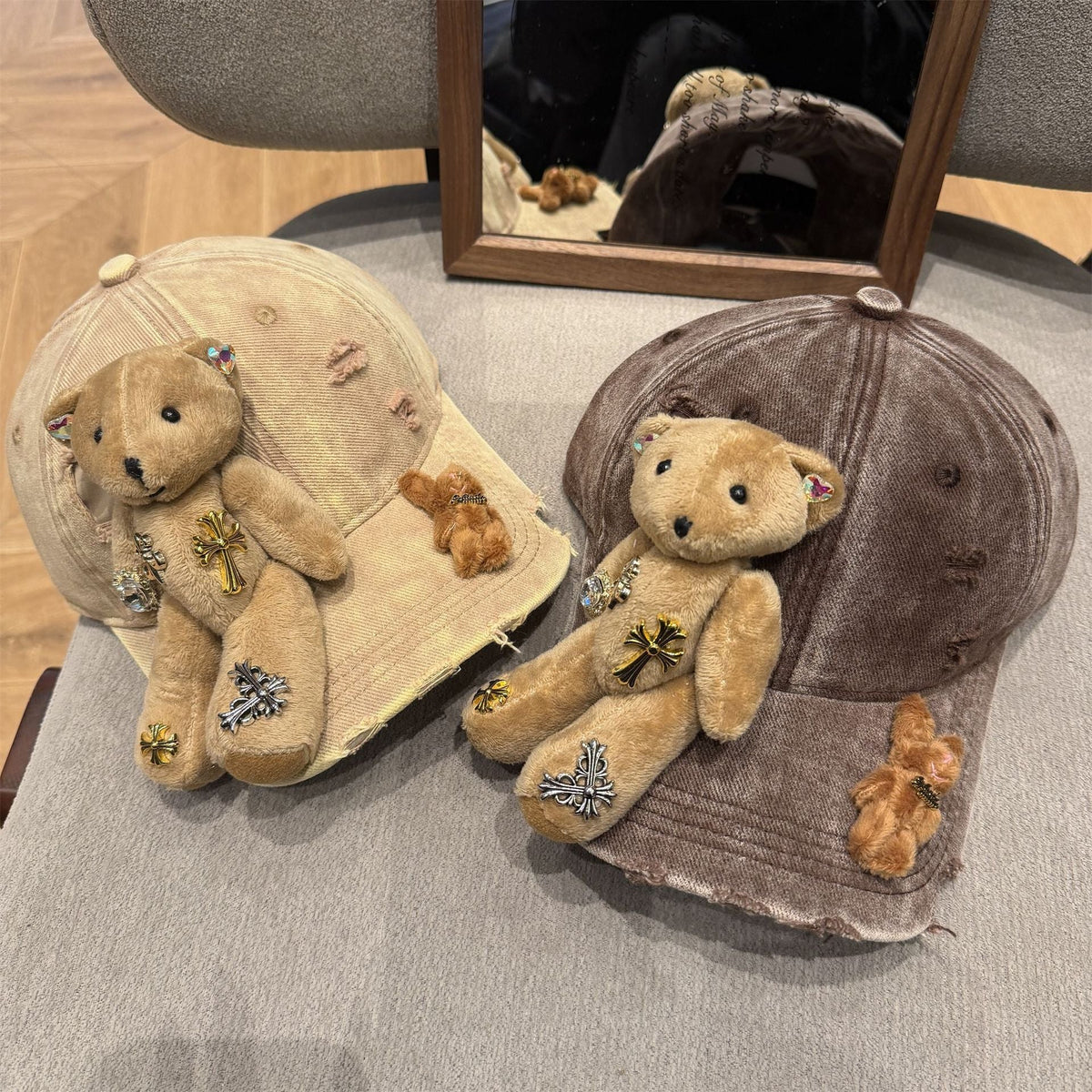 Vintage Washed Plush Bear Cross Rhinestone Baseball Cap Y2K Streetwear