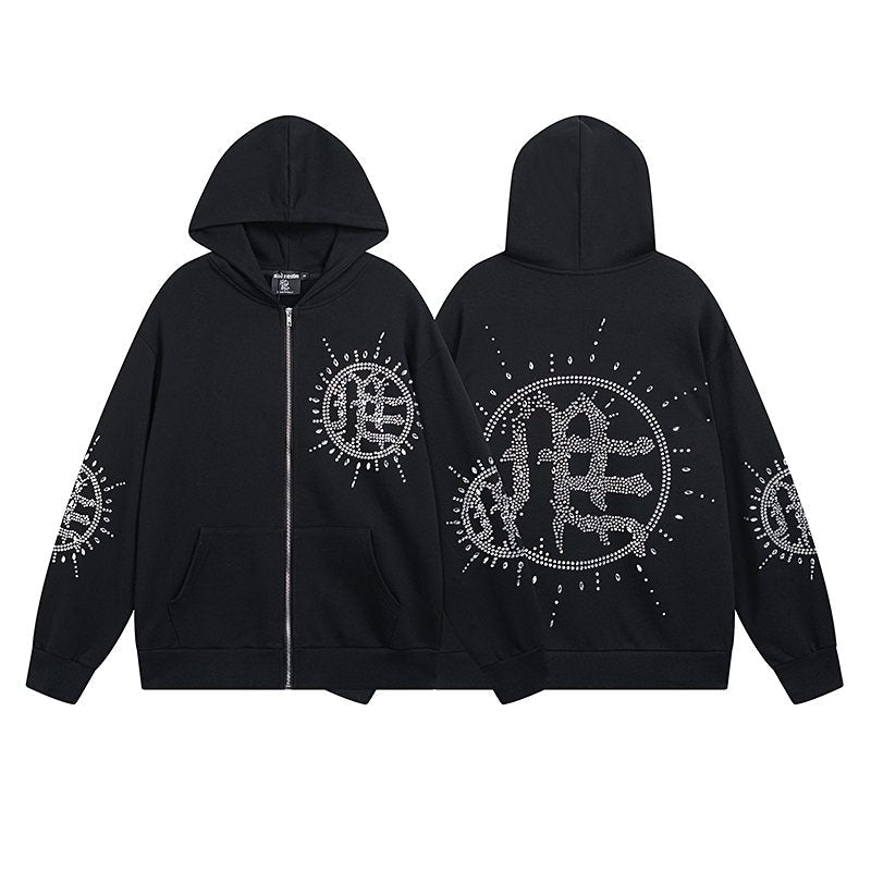 MIXED EMOTION Rhinestone Graphic Zip-Up Hoodie