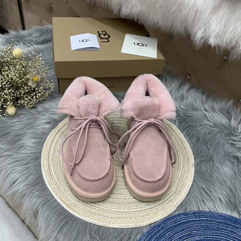 Pink Fluffy Cuff Lace-Up Ankle Boots — New Arrival | In Stock