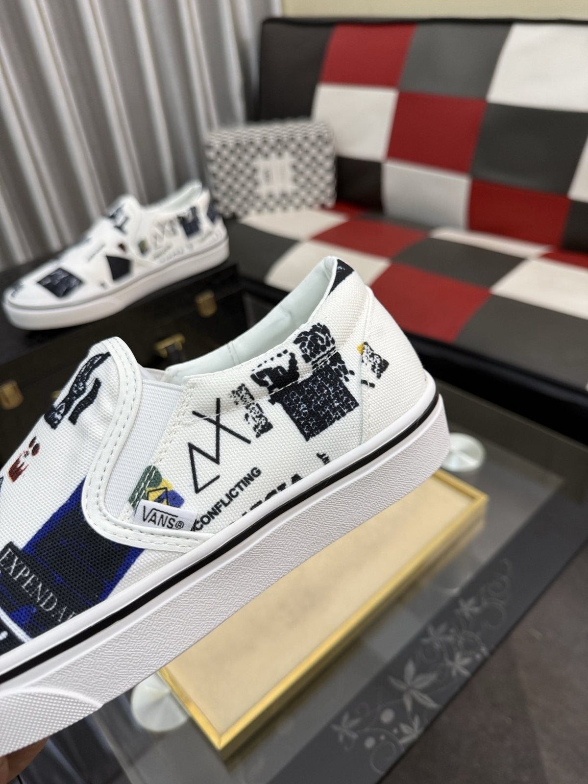 White Graphic Print Slip-On Shoes