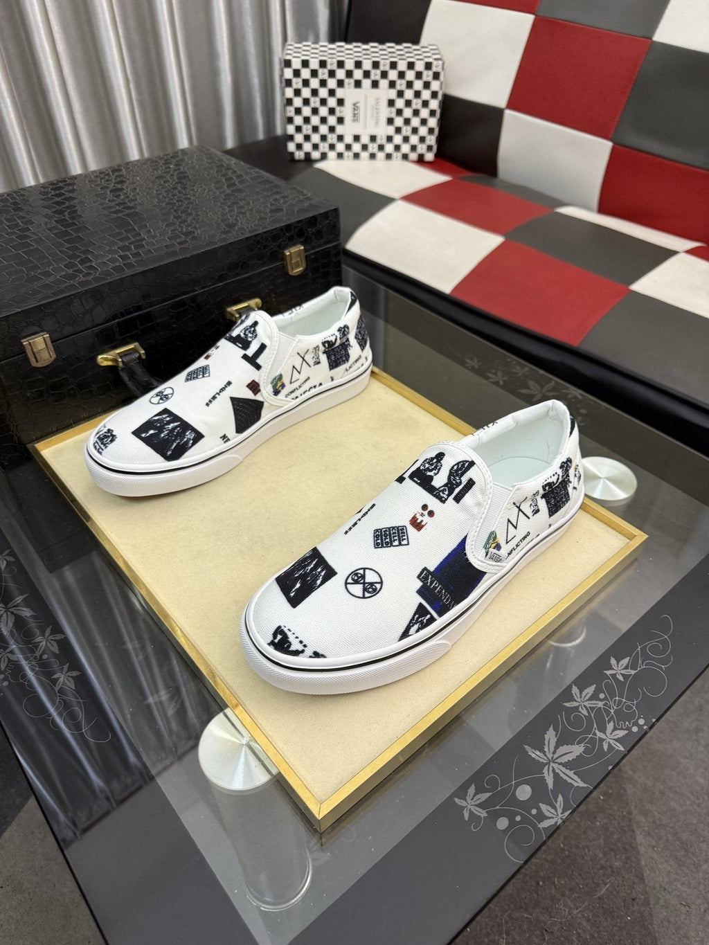 White Graphic Print Slip-On Shoes