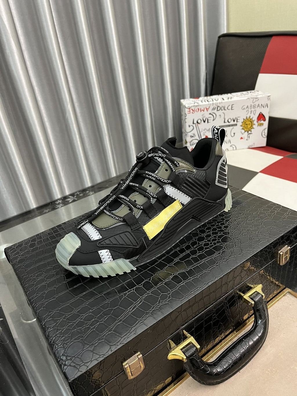 Dolce & Gabbana Black and Gray Sneakers with Yellow Accent