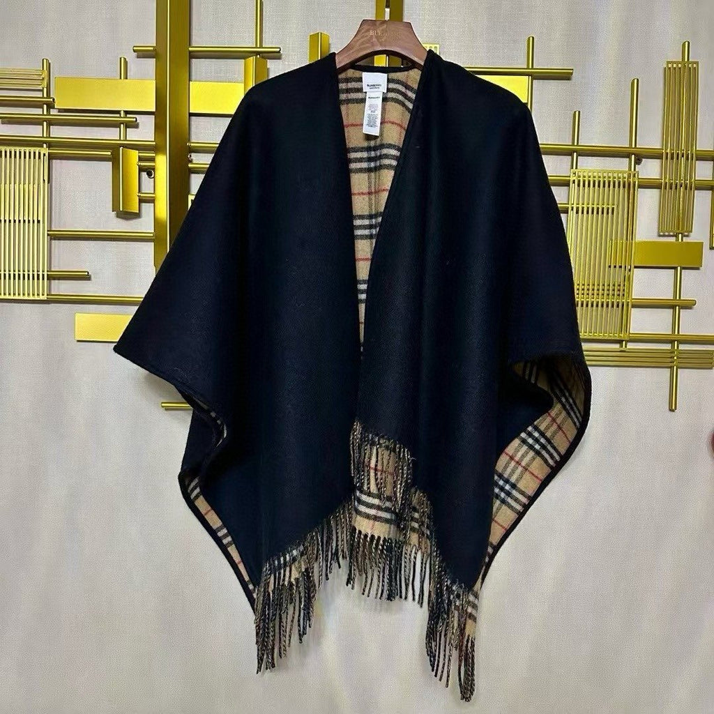 Burberry Reversible Plaid Fringe Cape Shawl