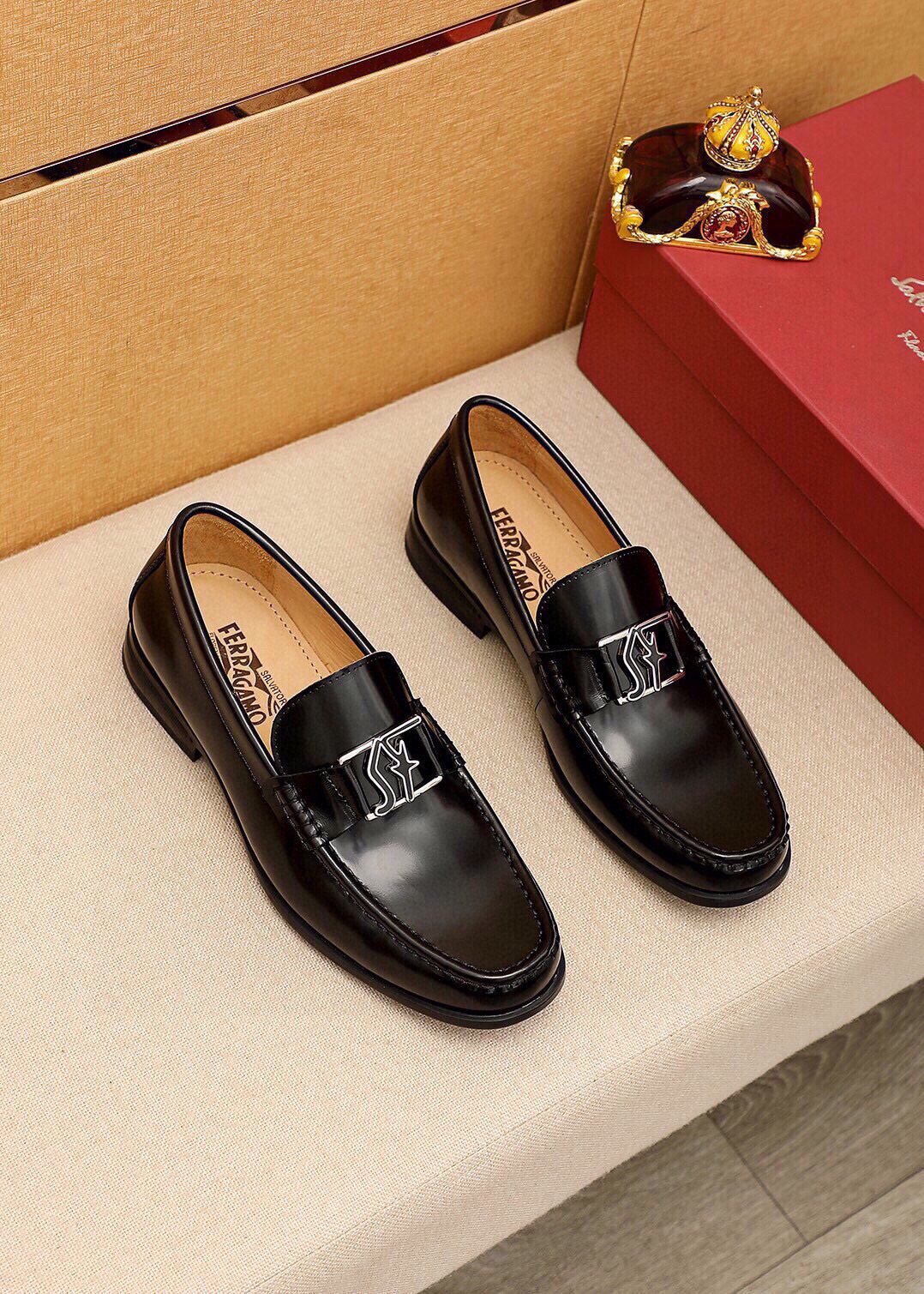 Ferragamo Black Leather Hardware Loafers - Rounded Toe