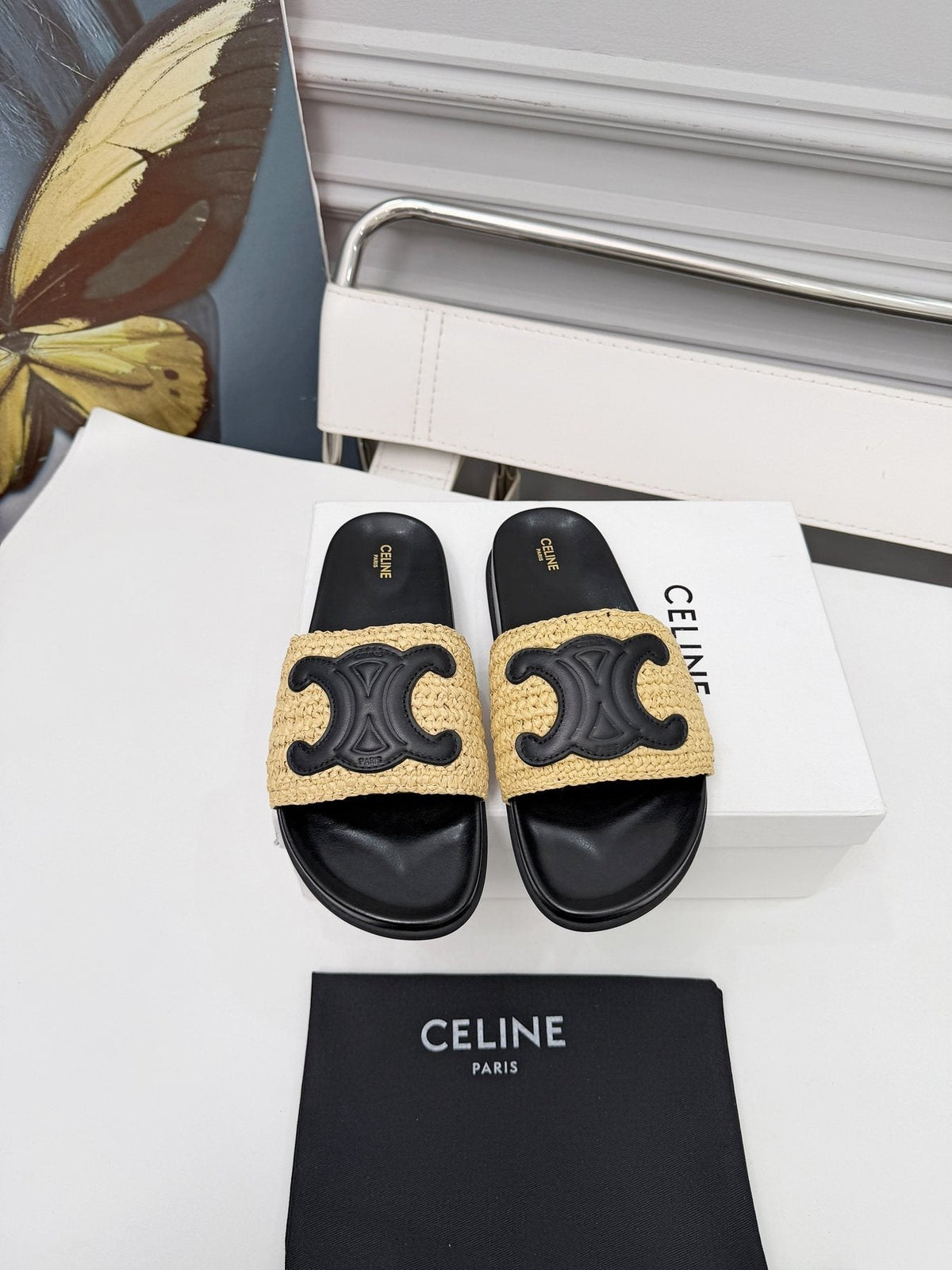 Celine Woven Emblem Slide Sandals