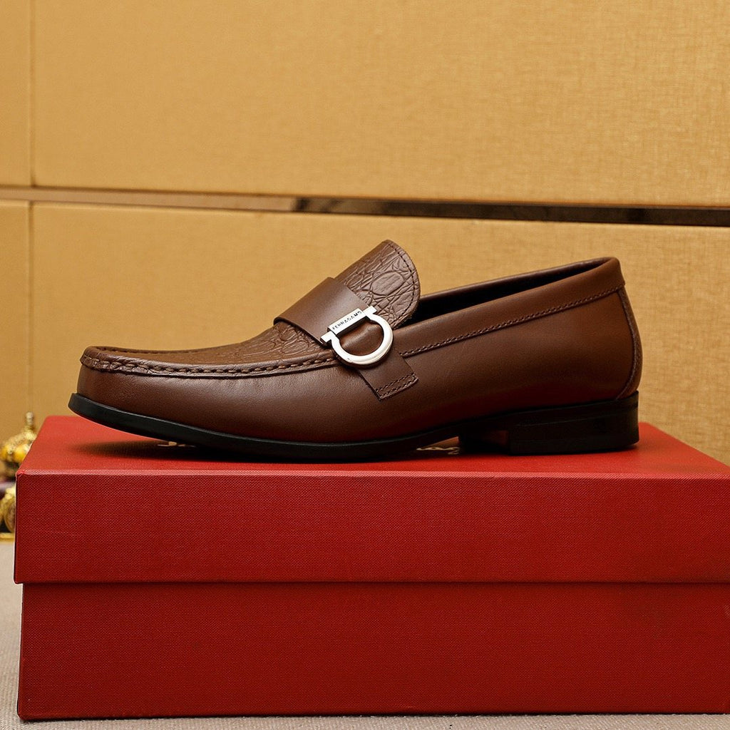 Ferragamo Textured Metal Bit Leather Loafers