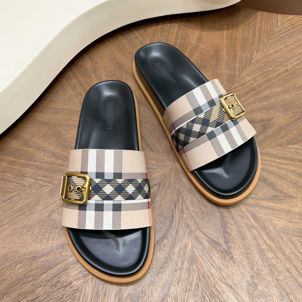Plaid Buckle Slide Sandals