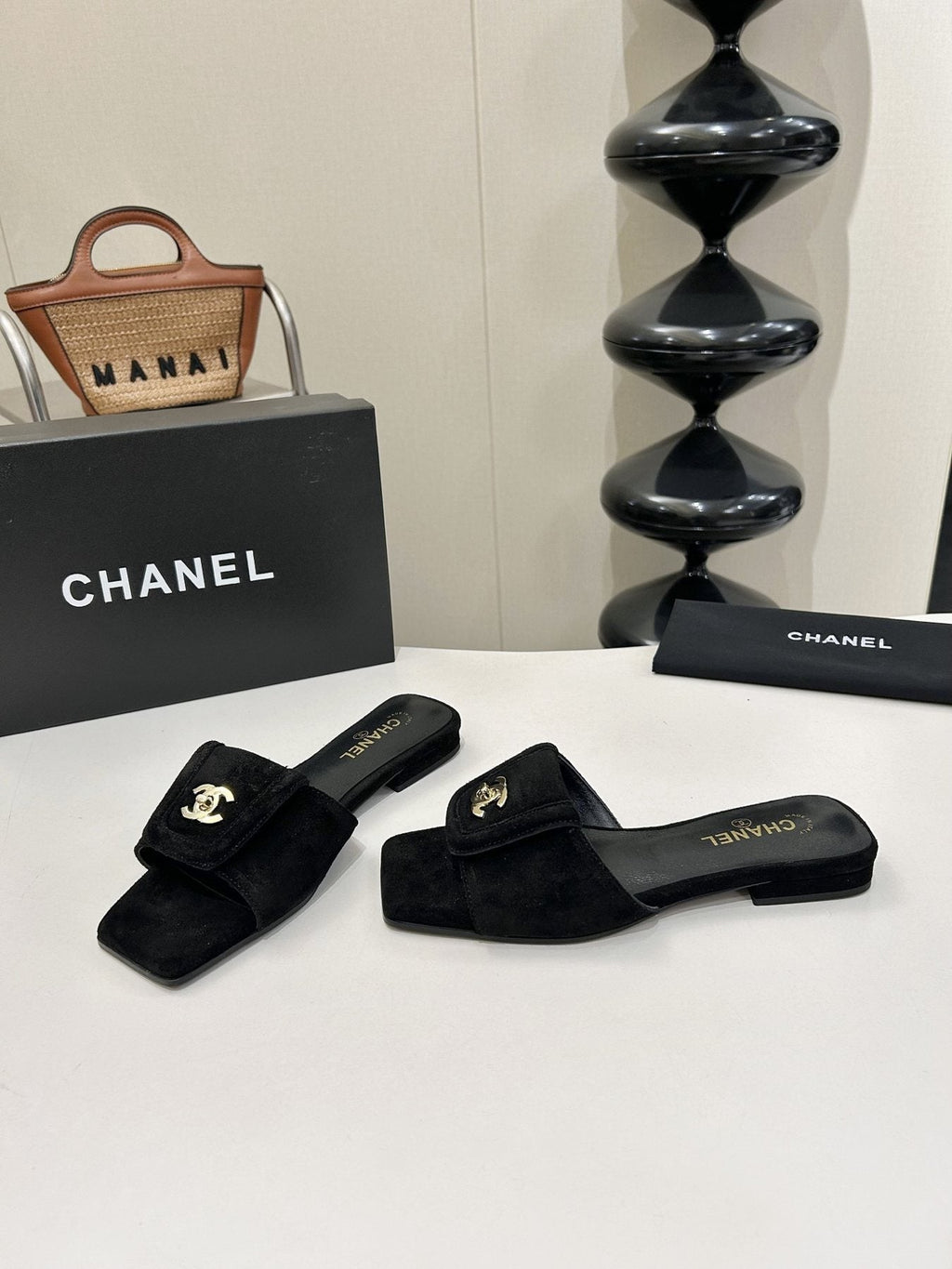 Chanel Square-Toe Emblem Slide Sandals